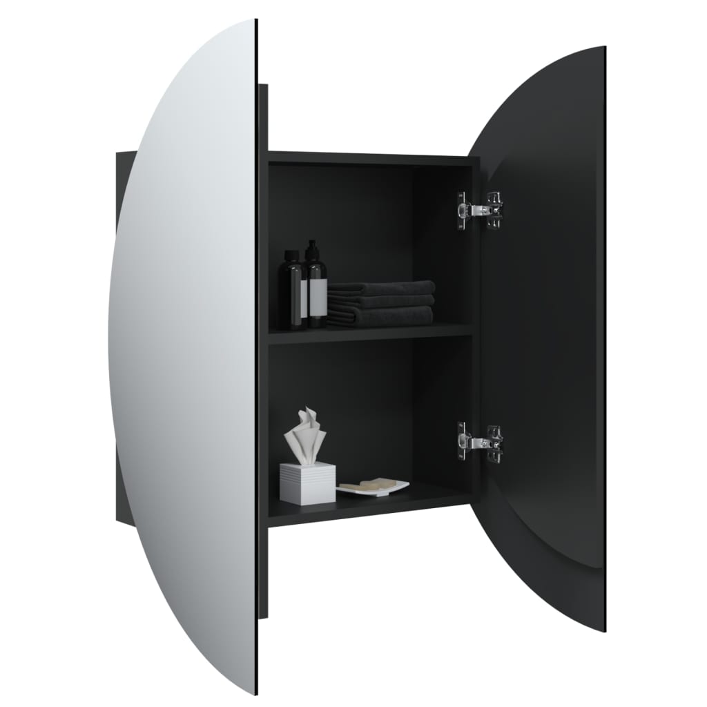 Bathroom Cabinet with Round Mirror&LED Black 54x54x17.5 cm