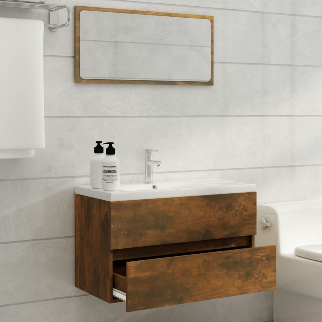 Sink Cabinet with Built-in Basin Smoked Oak Engineered Wood