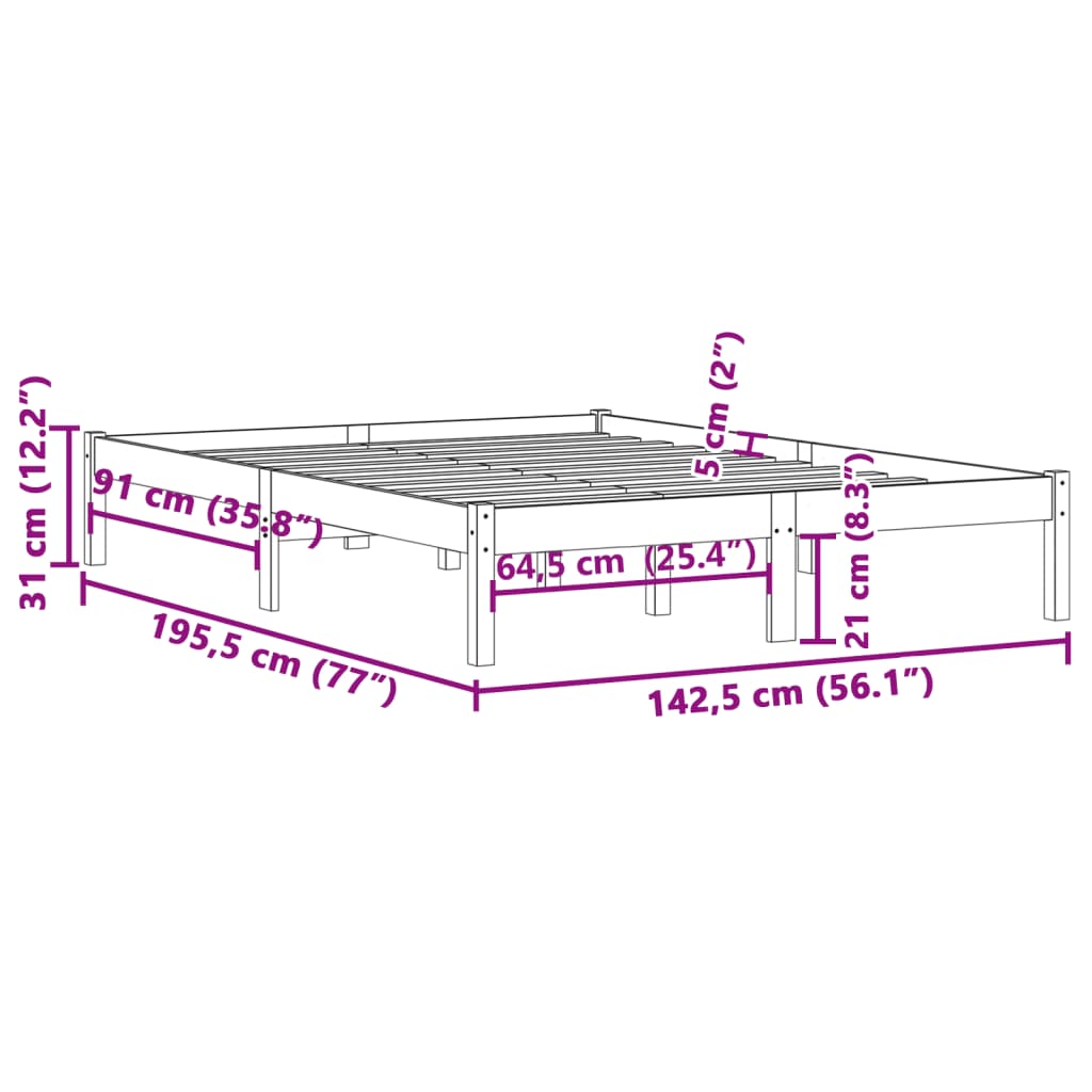 Bed Frame without Mattress 137x190 cm Solid Wood Pine Full