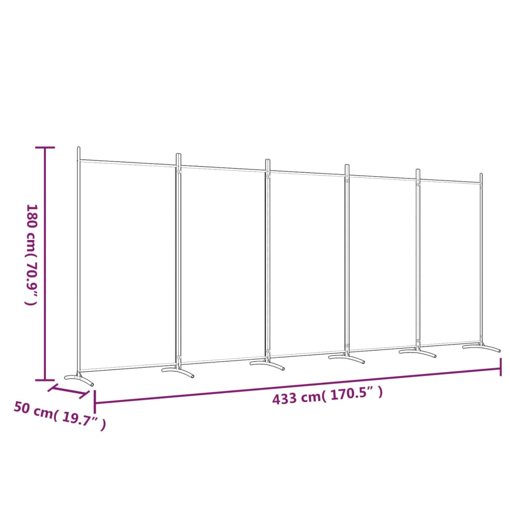 5-Panel Room Divider Brown 433x180 cm Fabric