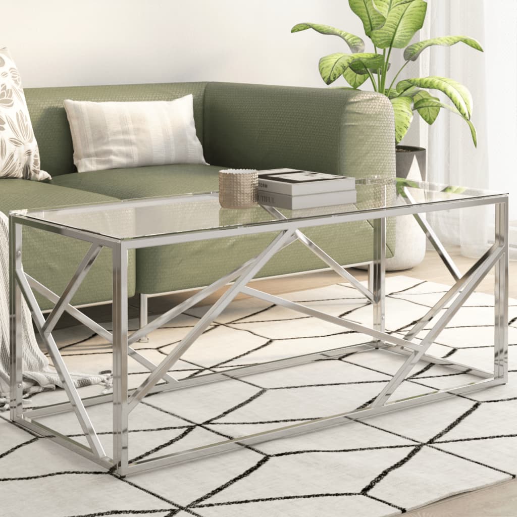 Coffee Table Silver Stainless Steel and Tempered Glass