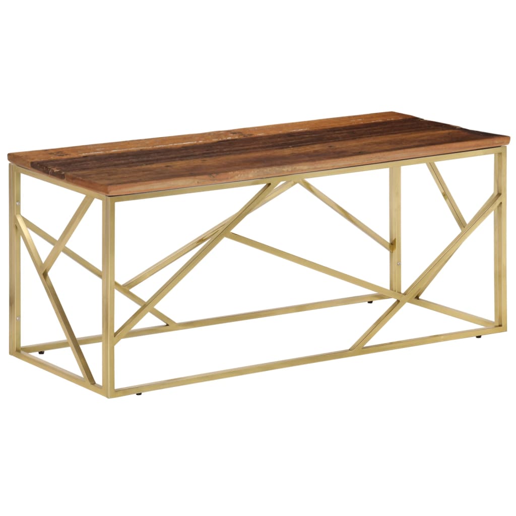 Coffee Table Gold Stainless Steel and Solid Sleeper Wood