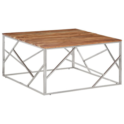 Coffee Table Silver Stainless Steel and Solid Wood Acacia