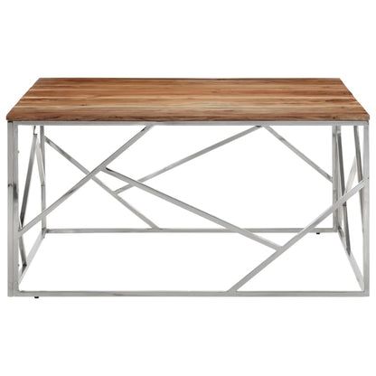 Coffee Table Silver Stainless Steel and Solid Wood Acacia