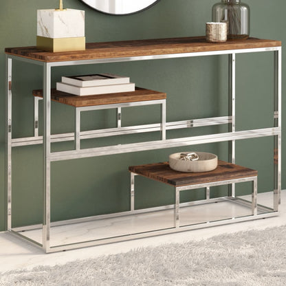 Console Table Silver Stainless Steel and Solid Sleeper Wood