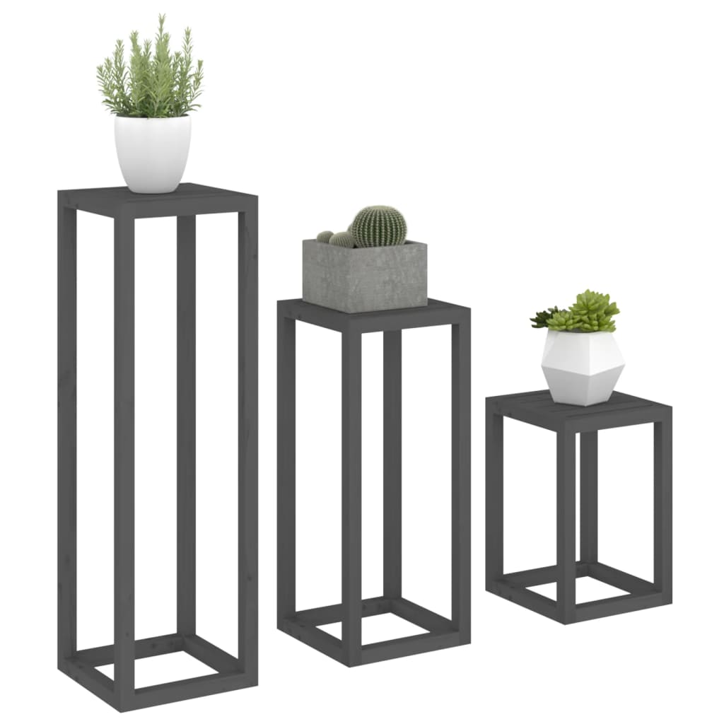 3 Piece Plant Stand Set Grey Solid Wood Pine