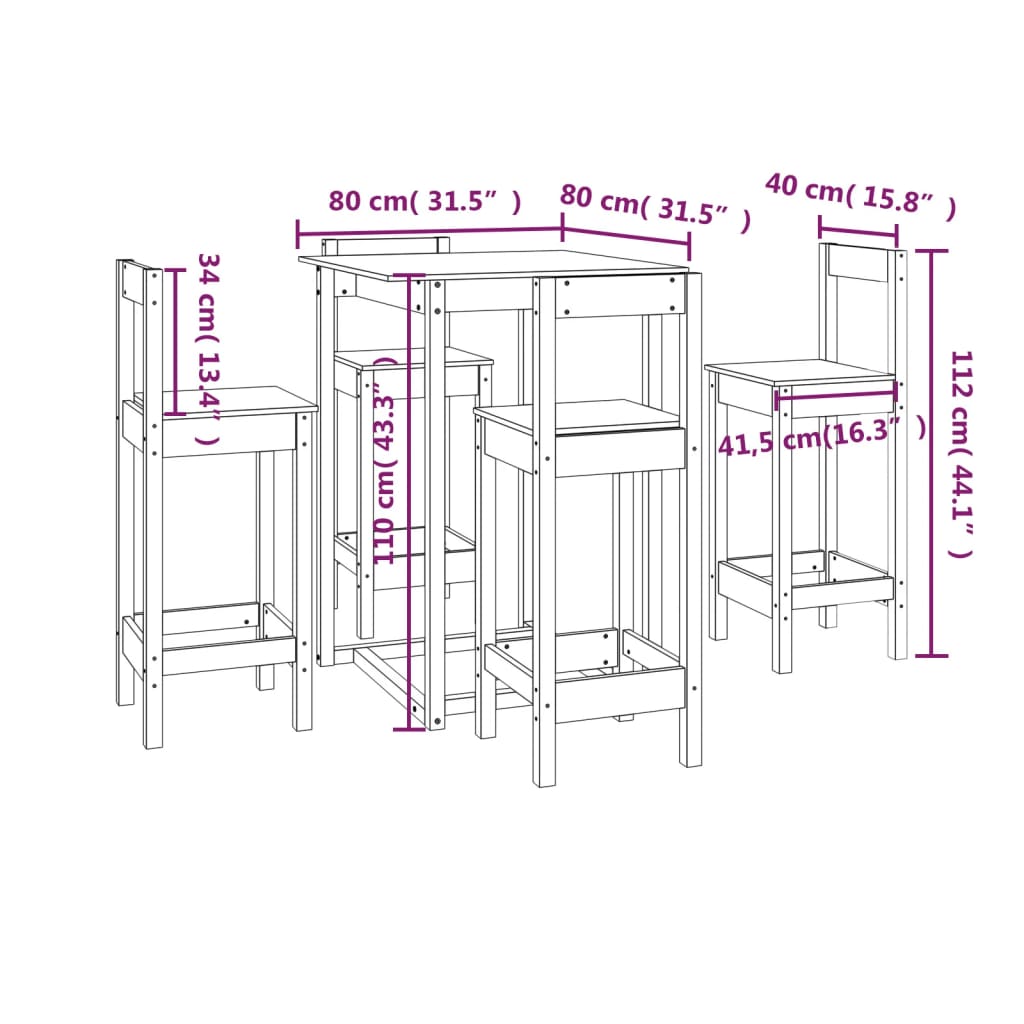 5 Piece Bar Set Solid Wood Pine