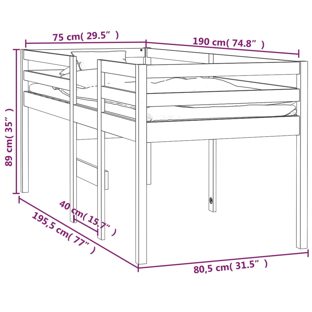 High Sleeper Bed White Small Single Solid Wood Pine