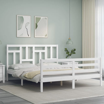 Bed Frame with Headboard White King Size Solid Wood