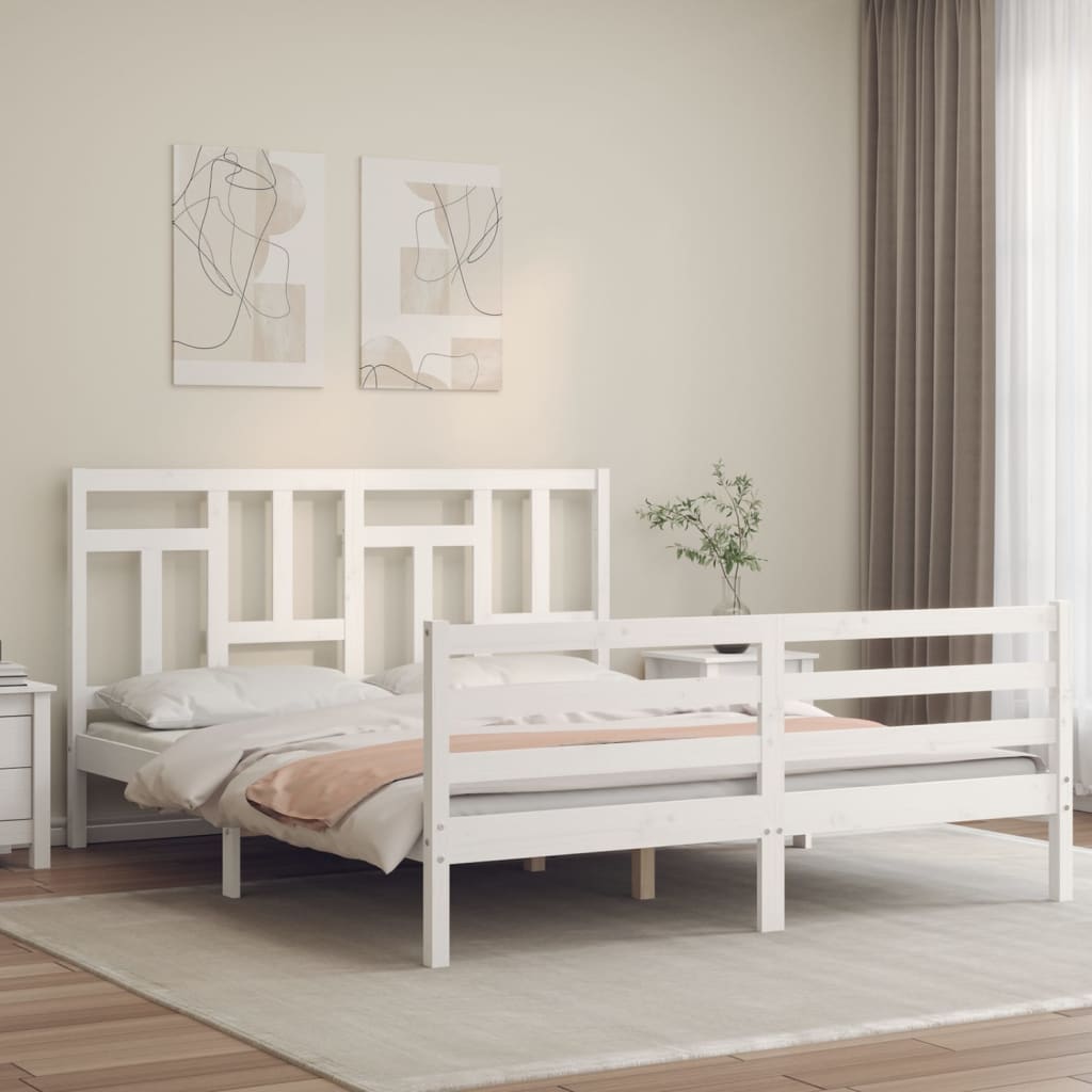 Bed Frame with Headboard White King Size Solid Wood