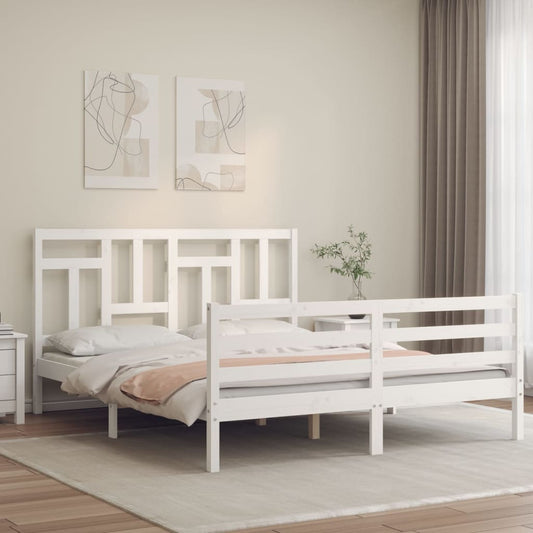 Bed Frame with Headboard White King Size Solid Wood