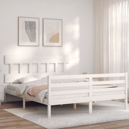 Bed Frame with Headboard White King Size Solid Wood