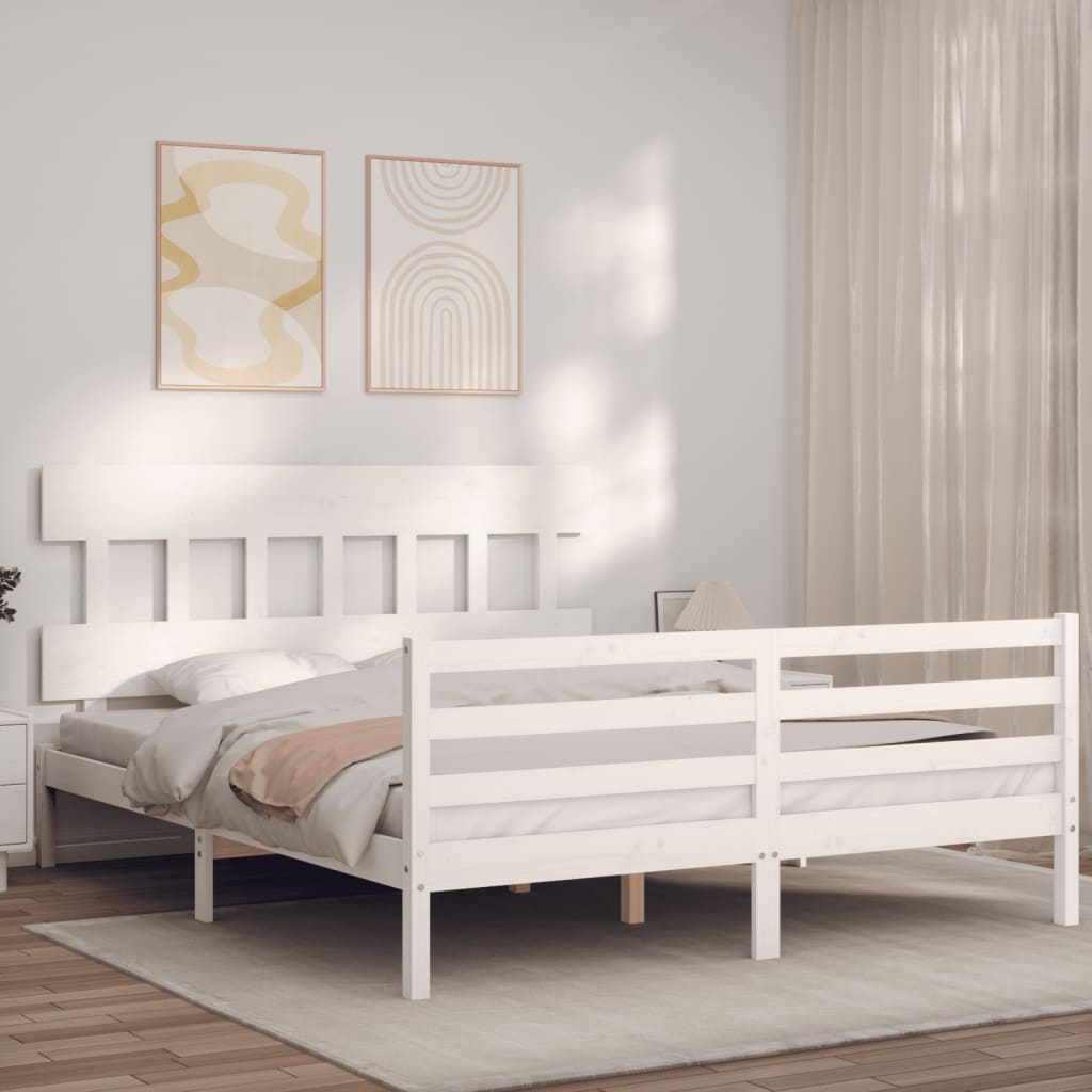 Bed Frame with Headboard White King Size Solid Wood