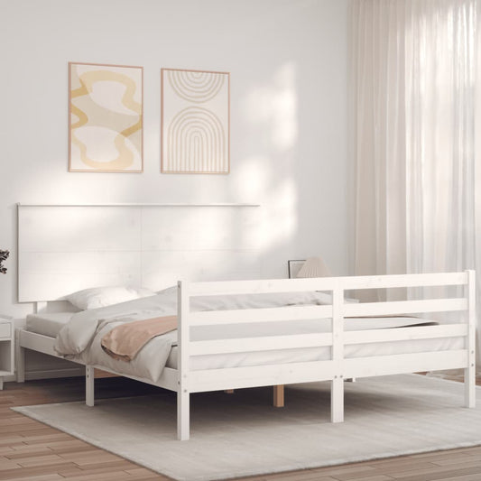 Bed Frame with Headboard White King Size Solid Wood