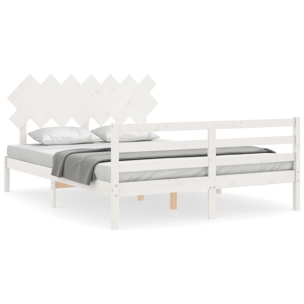 Bed Frame with Headboard White King Size Solid Wood