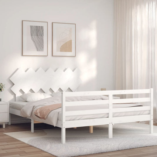 Bed Frame with Headboard White King Size Solid Wood