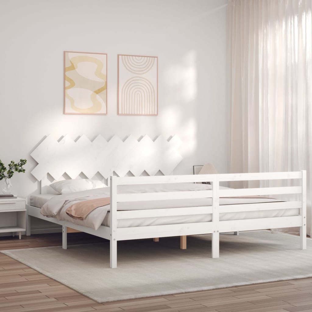 Bed Frame with Headboard White Super King Size Solid Wood