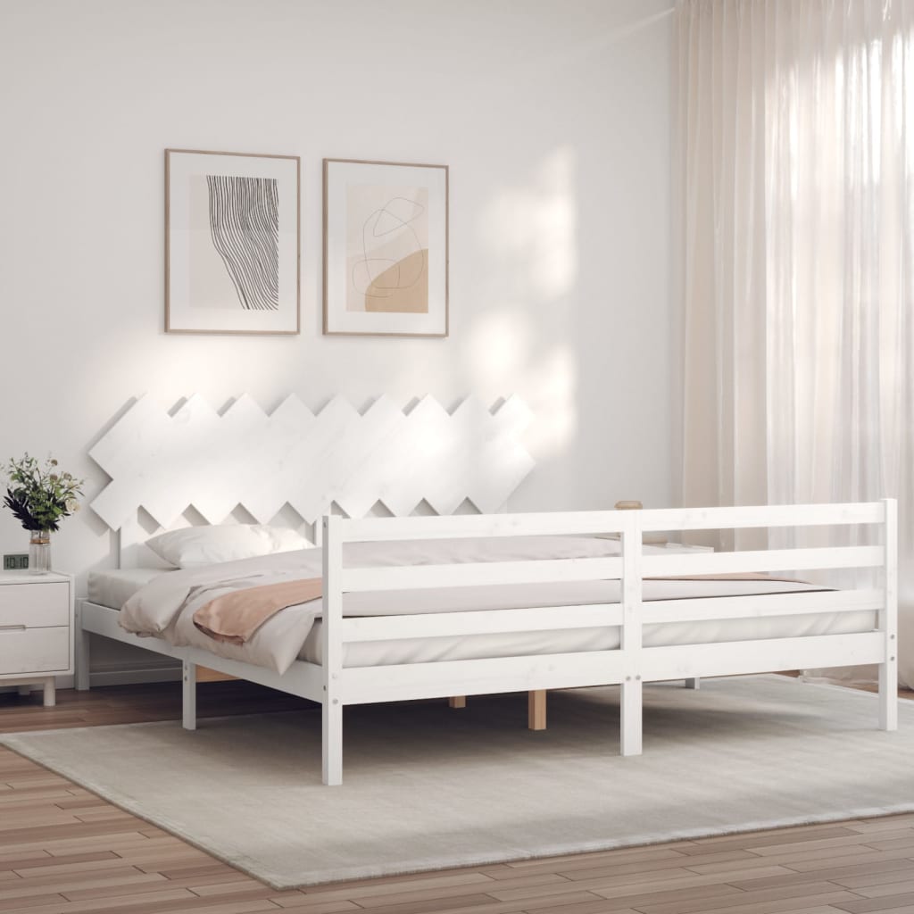 Bed Frame with Headboard White Super King Size Solid Wood