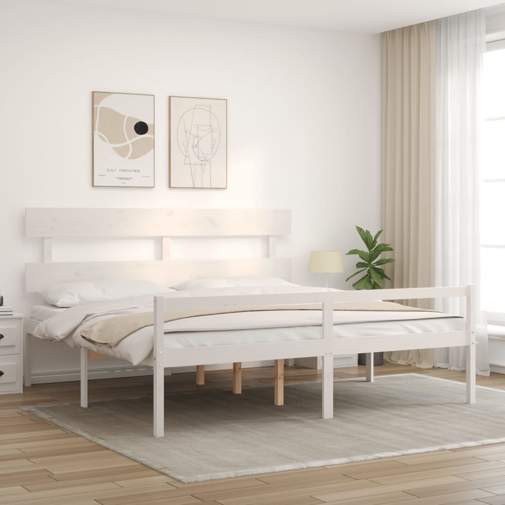 Bed Frame with Headboard White Super King Size Solid Wood