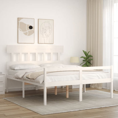 Bed Frame with Headboard White King Size Solid Wood