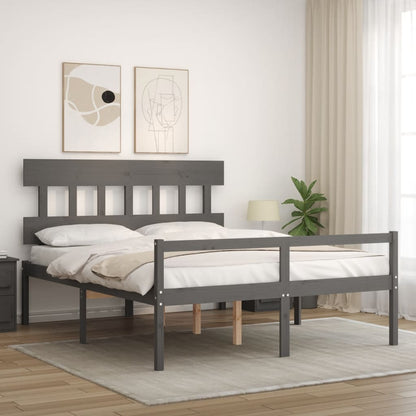 Bed Frame with Headboard Grey King Size Solid Wood