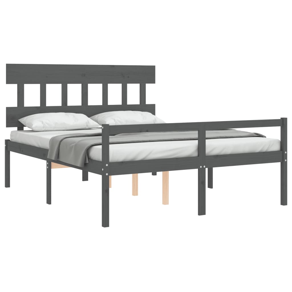 Bed Frame with Headboard Grey King Size Solid Wood