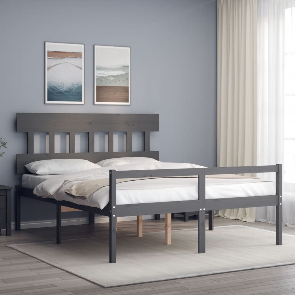 Bed Frame with Headboard Grey King Size Solid Wood