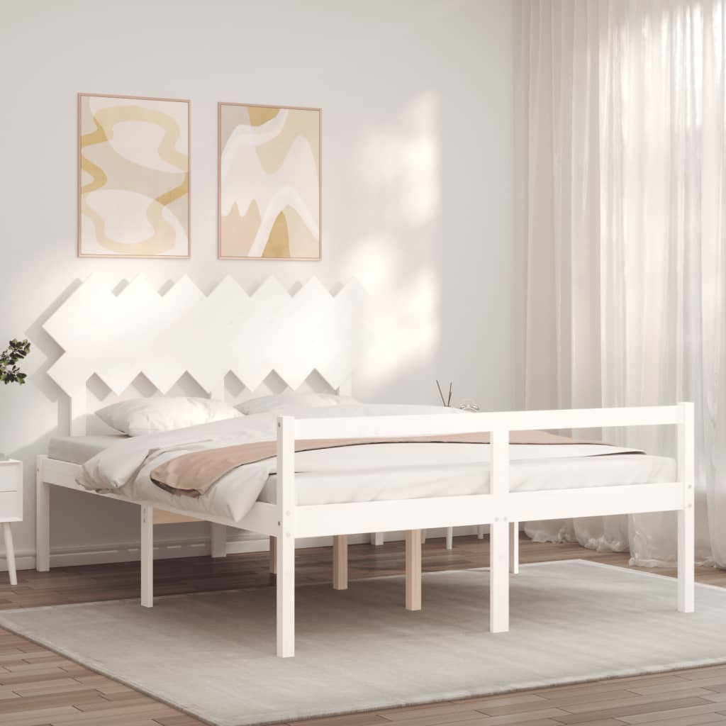 Bed Frame with Headboard White King Size Solid Wood