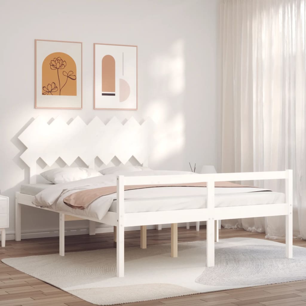 Bed Frame with Headboard White King Size Solid Wood