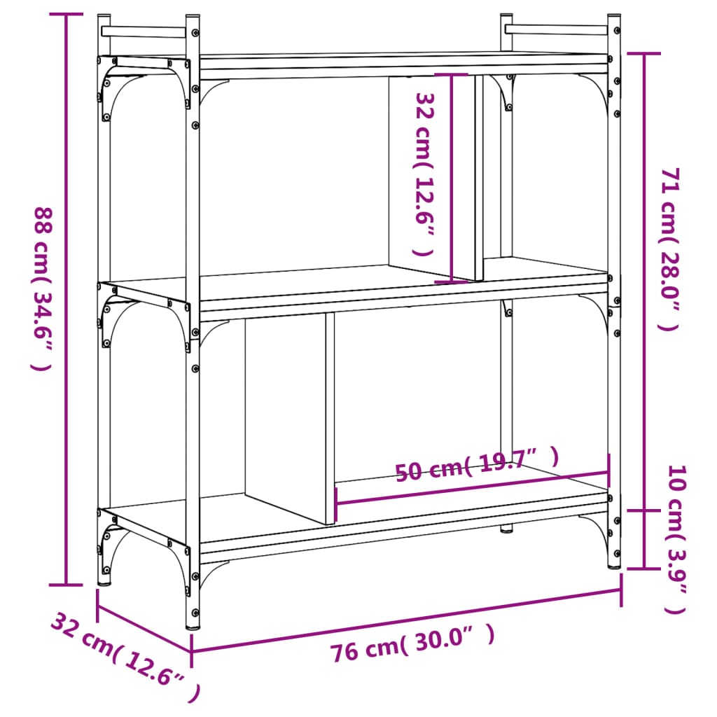 Bookcase 3-Tier Brown Oak 76x32x88 cm Engineered Wood