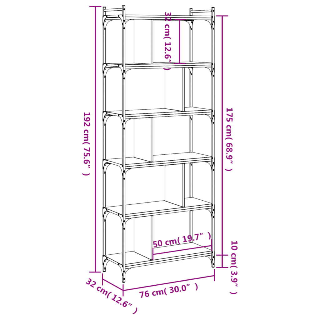 Bookcase 6-Tier Sonoma Oak 76x32x192 cm Engineered Wood