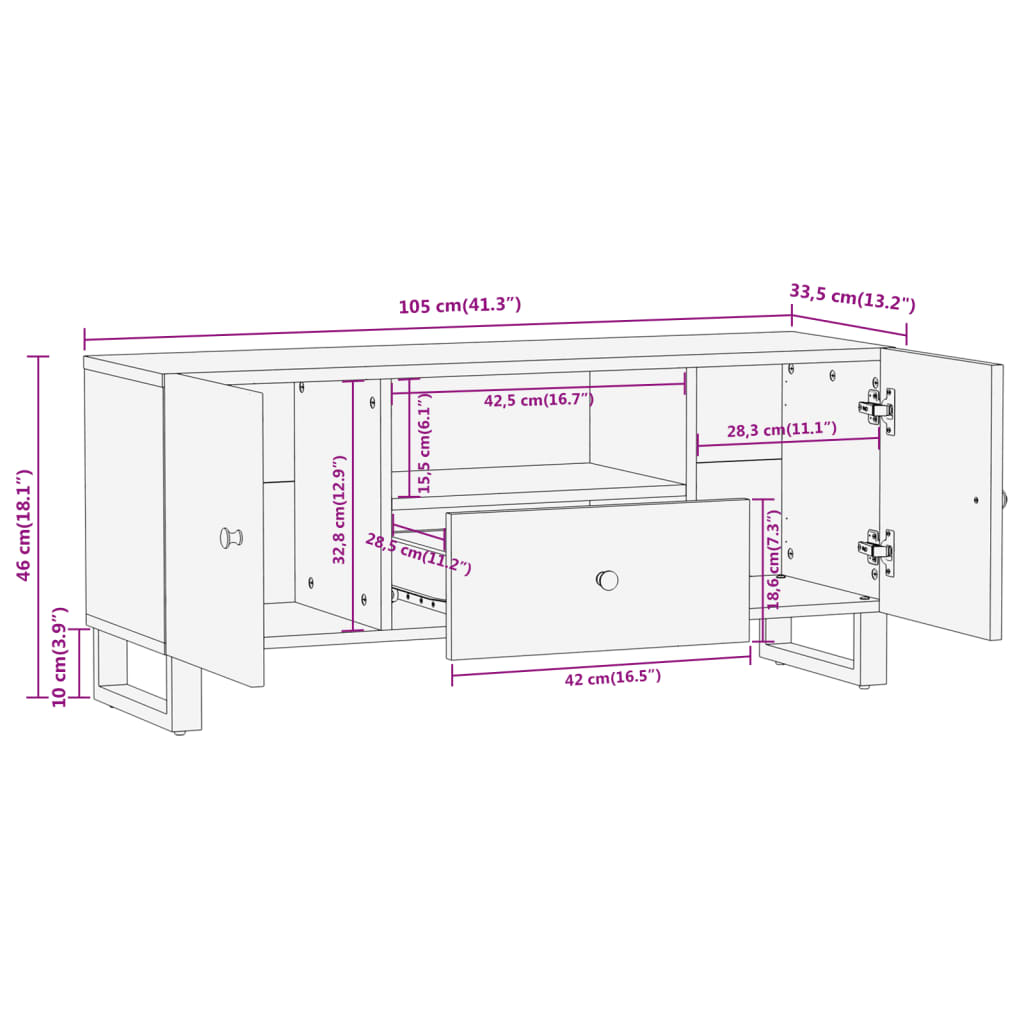 TV Cabinet Brown and Black 105x33.5x46 cm Solid Wood Mango