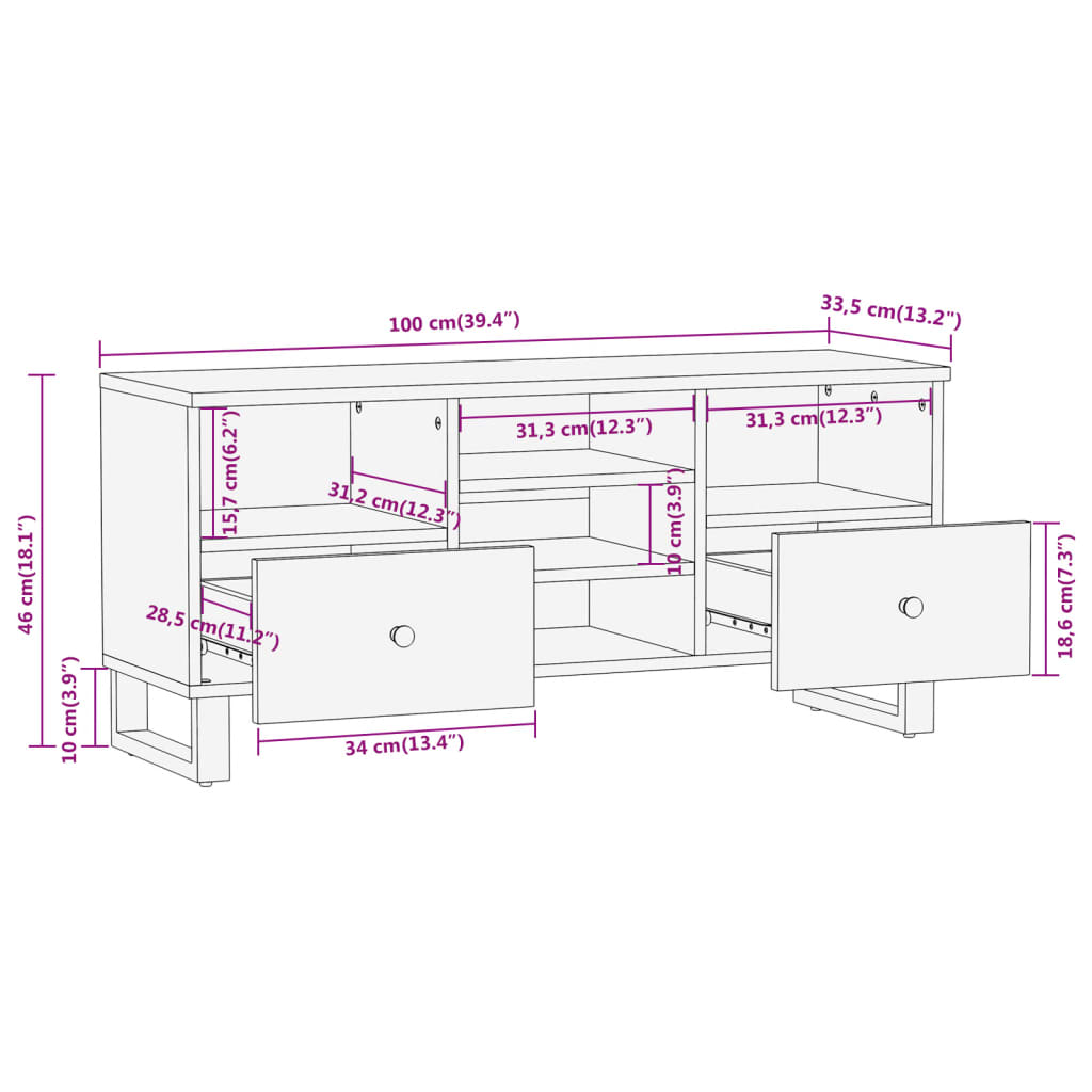 TV Cabinet Brown and Black 100x33.5x46 cm Solid Wood Mango