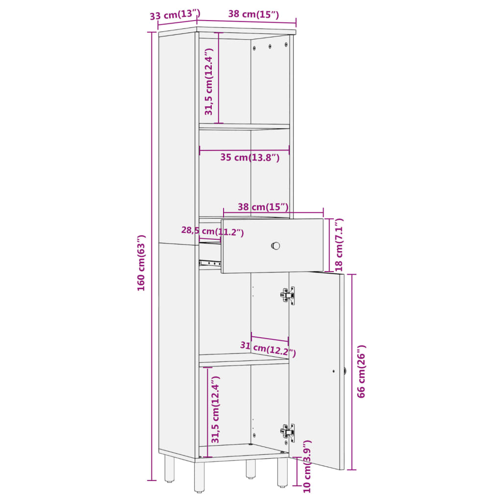 Bathroom Cabinet 38x33x160 cm Solid Wood Mango