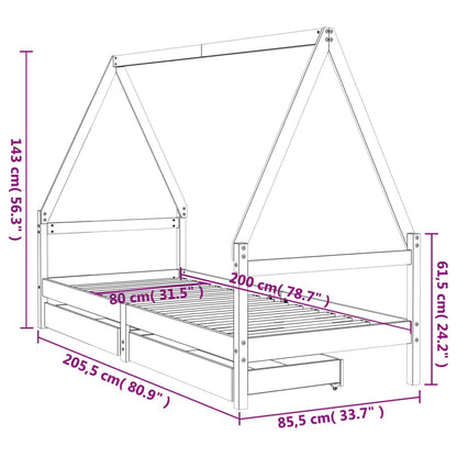 Kids Bed Frame with Drawers 80x200 cm Solid Wood Pine