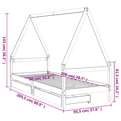 Kids Bed Frame with Drawers Black 90x200 cm Solid Wood Pine