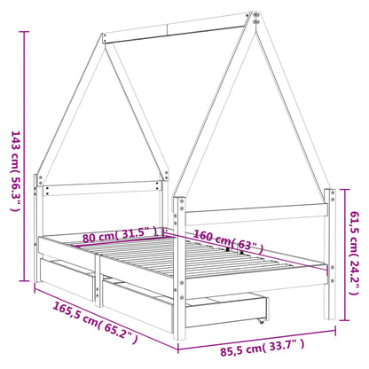 Kids Bed Frame with Drawers Black 80x160 cm Solid Wood Pine