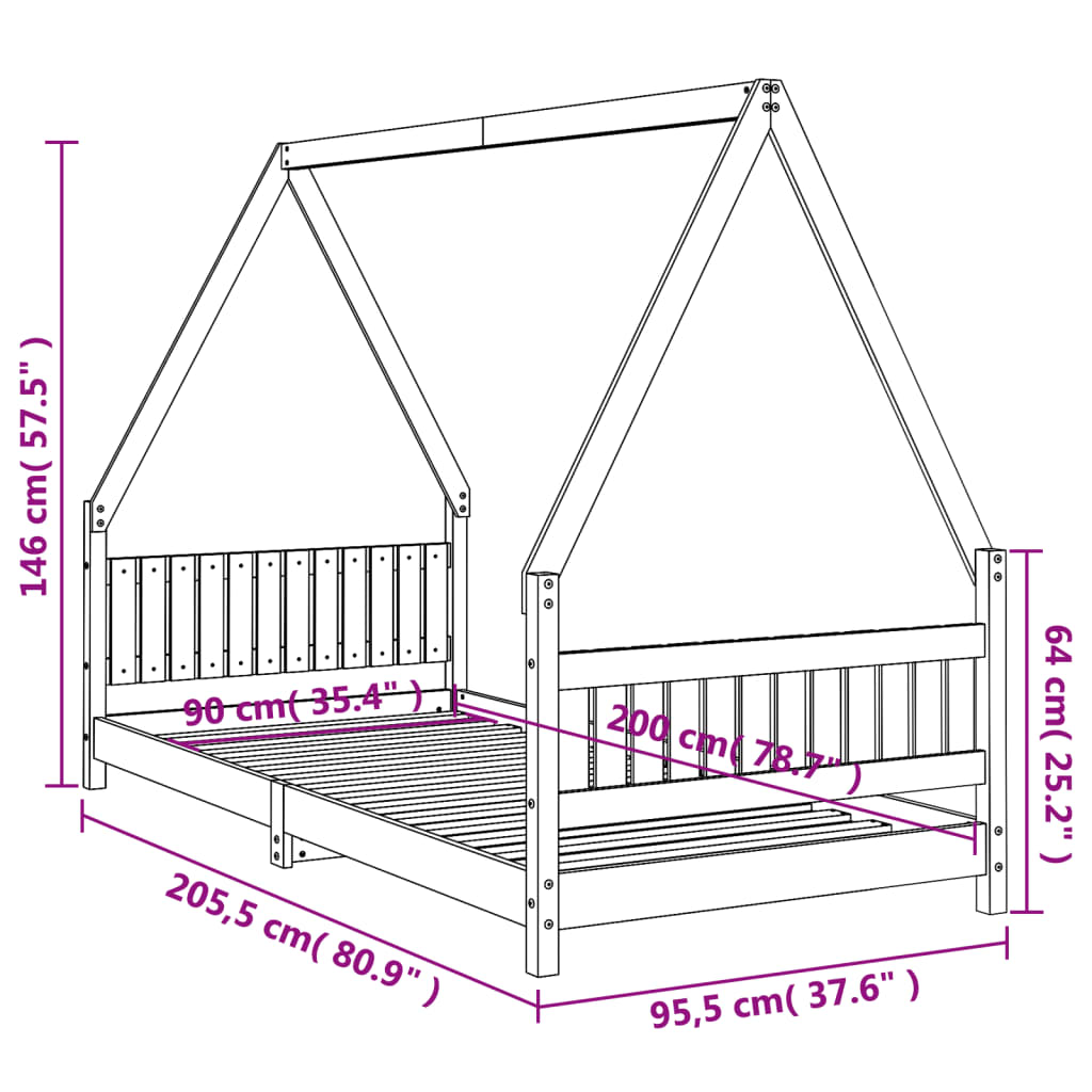 Kids Bed Frame 90x200 cm Solid Wood Pine