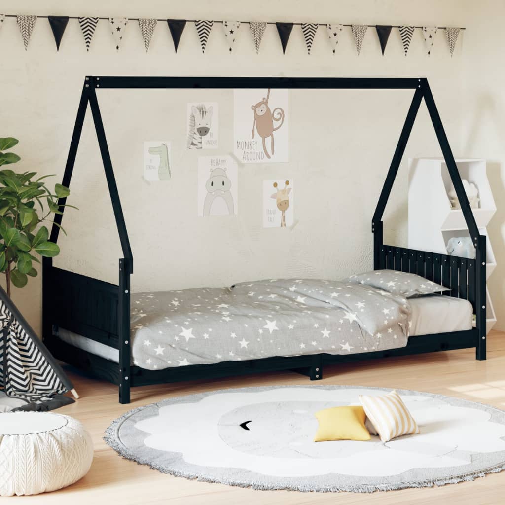 Kids Bed Frame Black 90x190 cm Solid Wood Pine