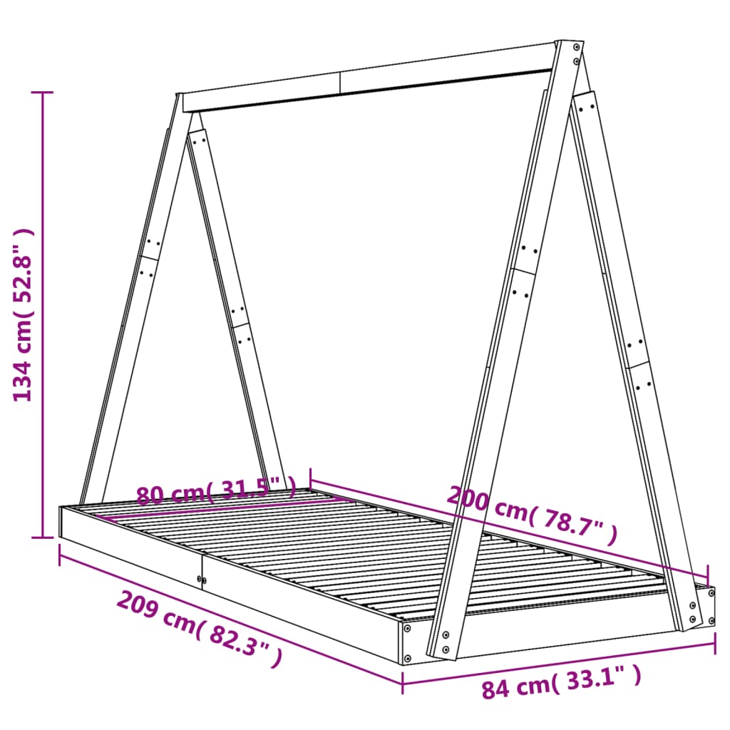 Kids Bed Frame Black 80x200 cm Solid Wood Pine