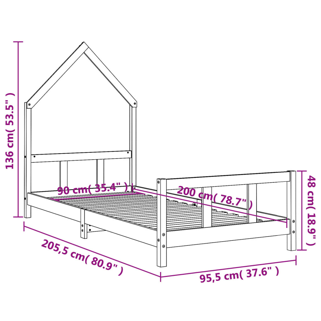 Kids Bed Frame White 90x200 cm Solid Wood Pine