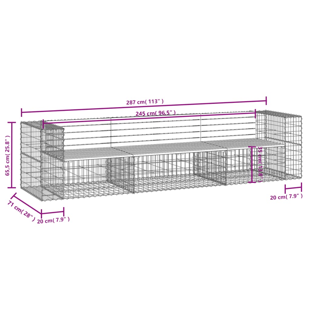 Garden Bench Gabion Design 287x71x65.5 cm Solid Wood Pine