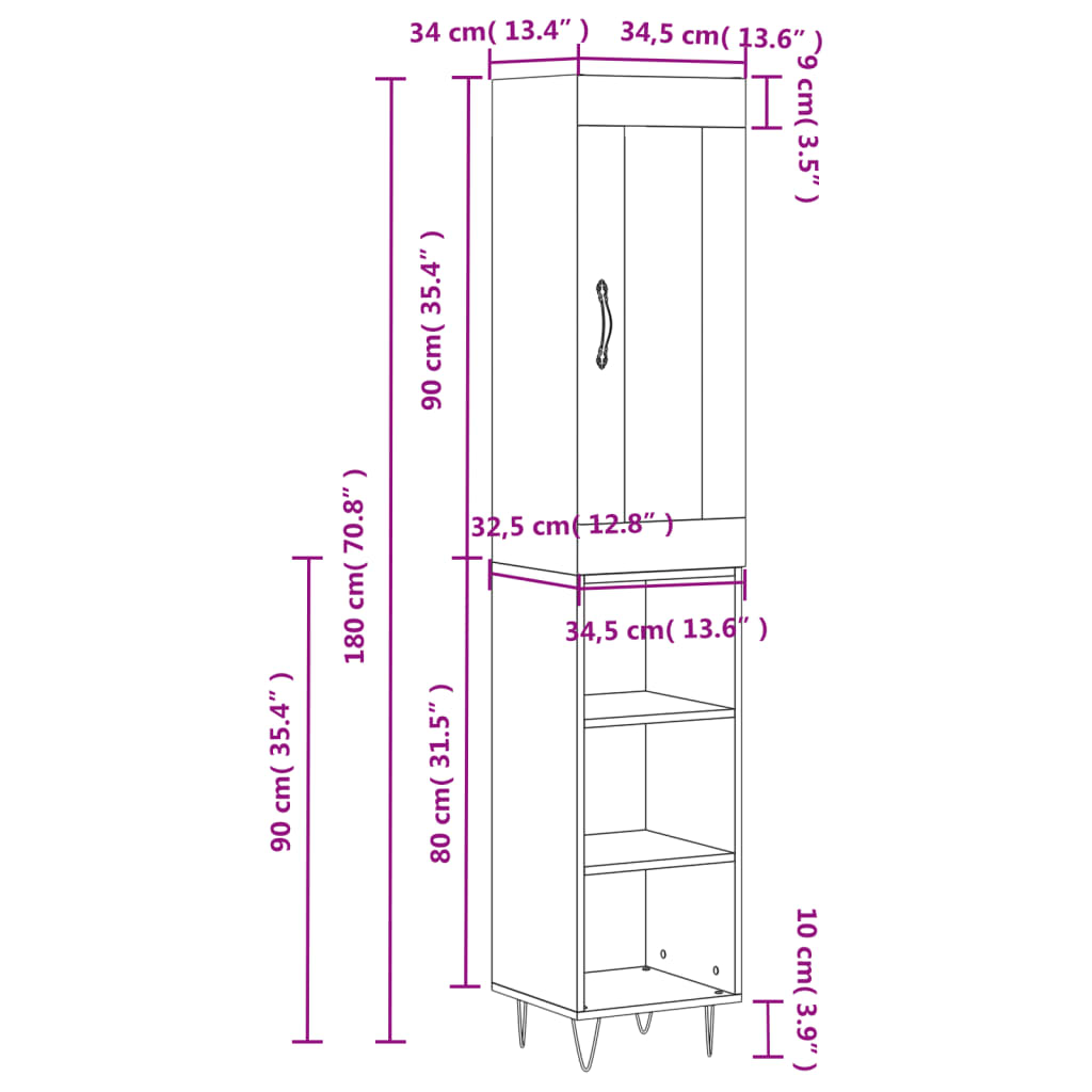 Highboard White 34.5x34x180 cm Engineered Wood