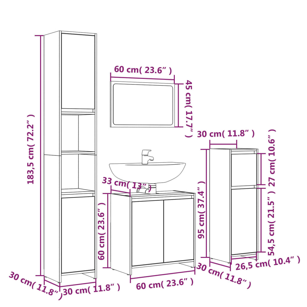 4 Piece Bathroom Furniture Set Smoked Oak Engineered Wood