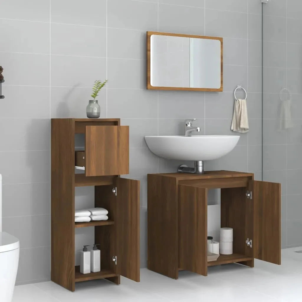 3 Piece Bathroom Furniture Set Brown Oak Engineered Wood