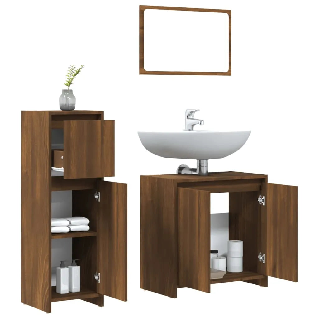 3 Piece Bathroom Furniture Set Brown Oak Engineered Wood