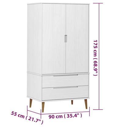 Wardrobe MOLDE White 90x55x175 cm Solid Wood Pine