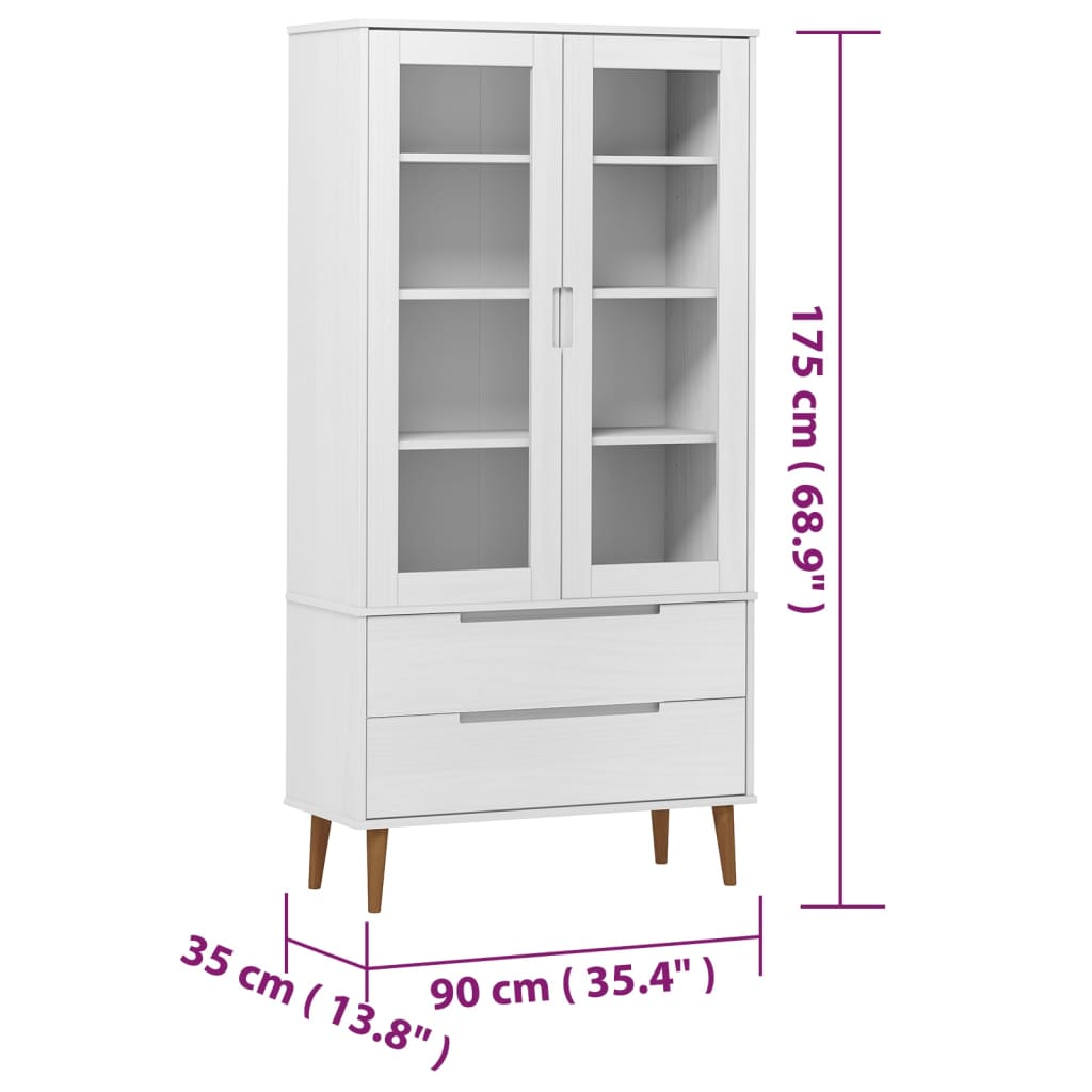 Vitrine Cabinet MOLDE White 90x35x175 cm Solid Wood Pine