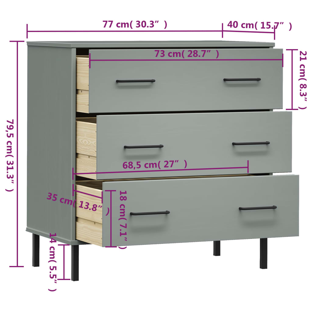 Sideboard with 3 Drawers Grey 77x40x79.5 cm Solid Wood OSLO