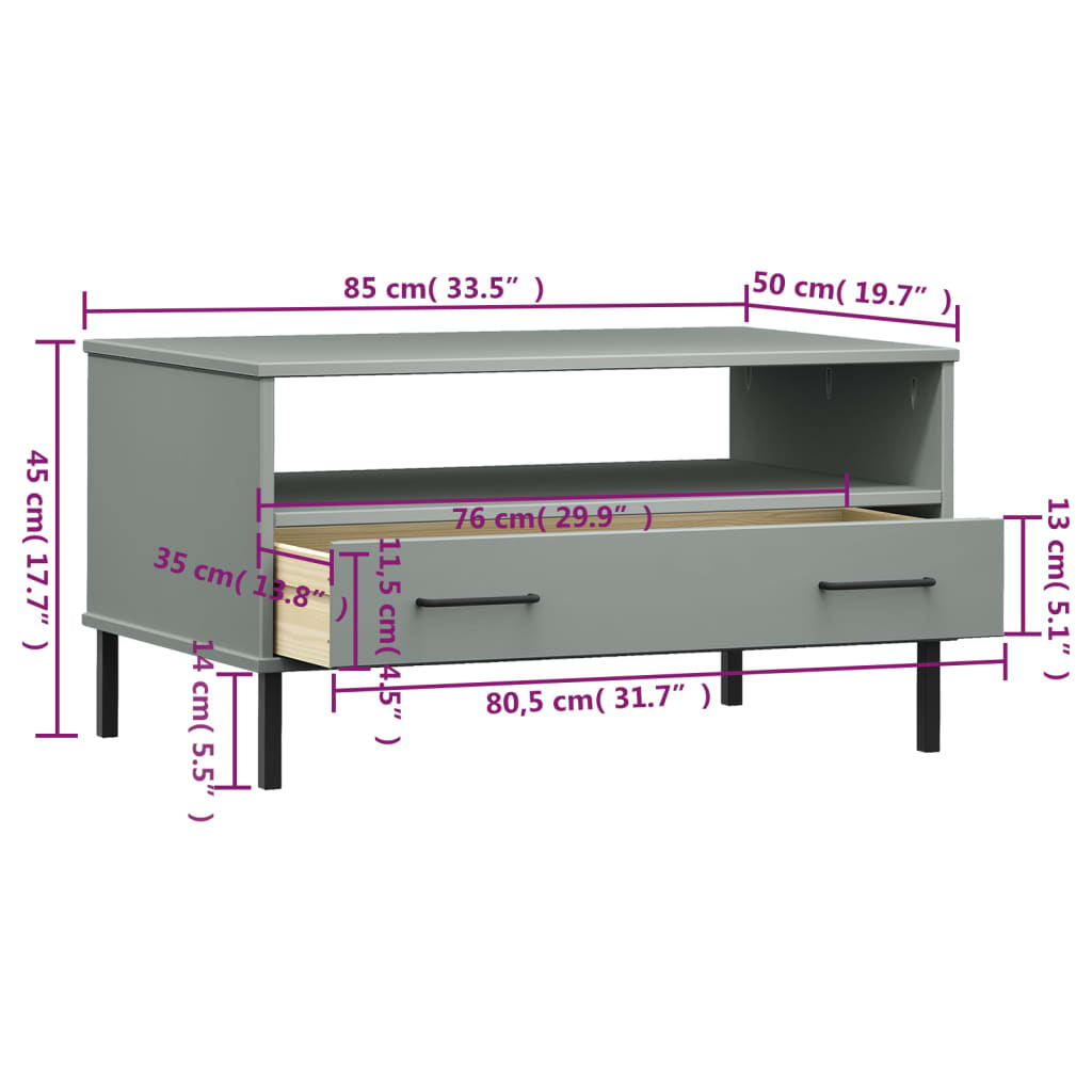 Coffee Table with Metal Legs Grey 85x50x45 cm Solid Wood OSLO